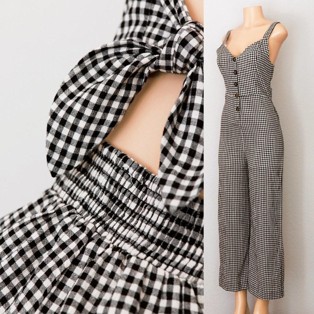 NEW Gingham Plaid Button Front Tie Back Jumpsuits - Picture 6 of 11